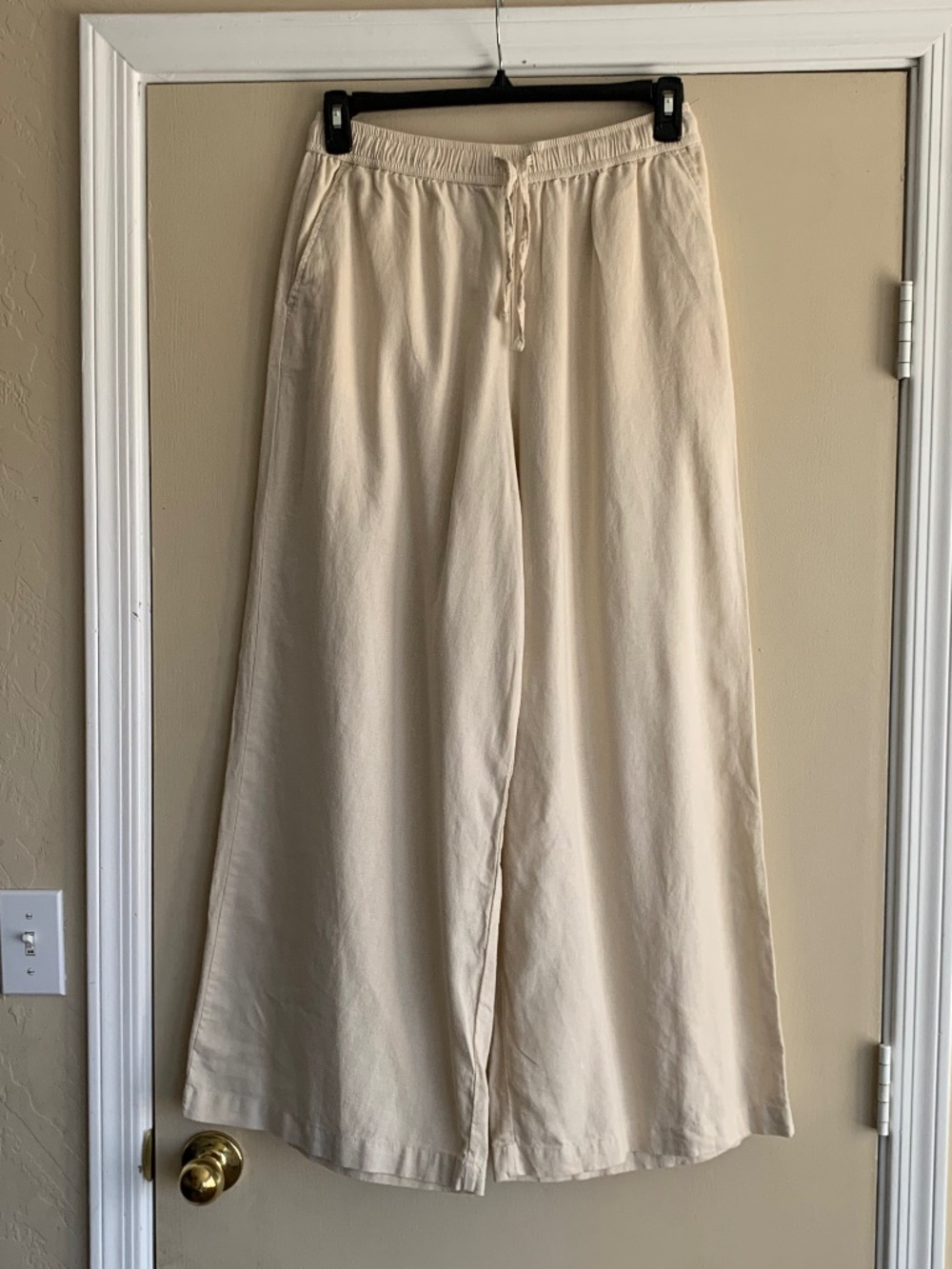 Roxy Beige Ivory Wide Leg Linen Blend Pants Pull On Beach Travel Coastal Sz.L